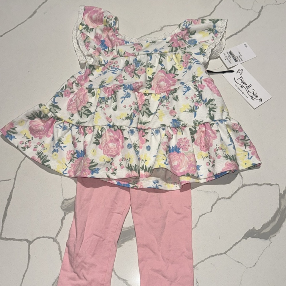 Pippa and Julie Toddler Baby Girls Short Sleeve Floral Top Pink Pants 24M NWT